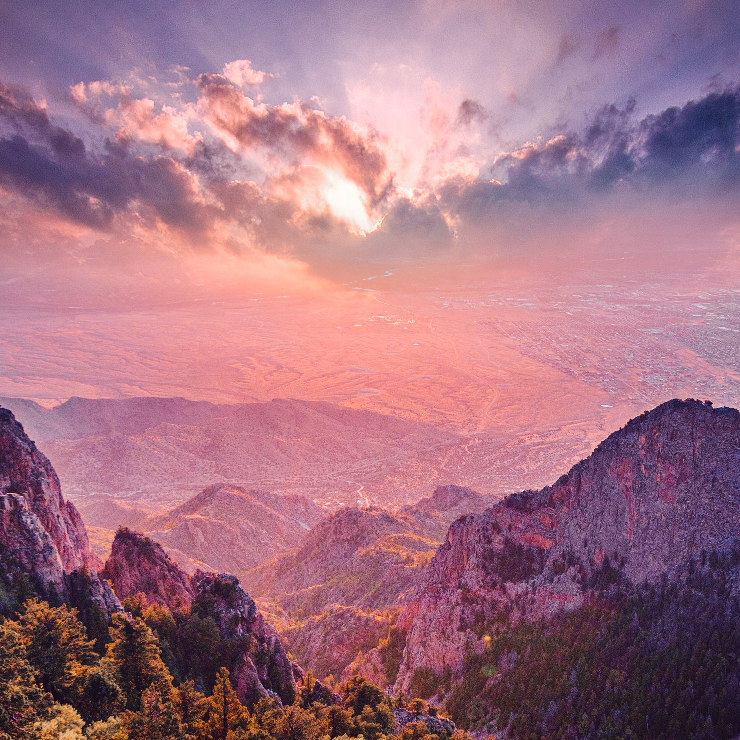 Pink sunset over a mountain valley - Wallpapers for Samsung Galaxy Tab S9 FE+/Tab S11, Xiaomi Pad 5, Redmi Pad 2 Pro, POCO Pad in 2560x2560 resolution