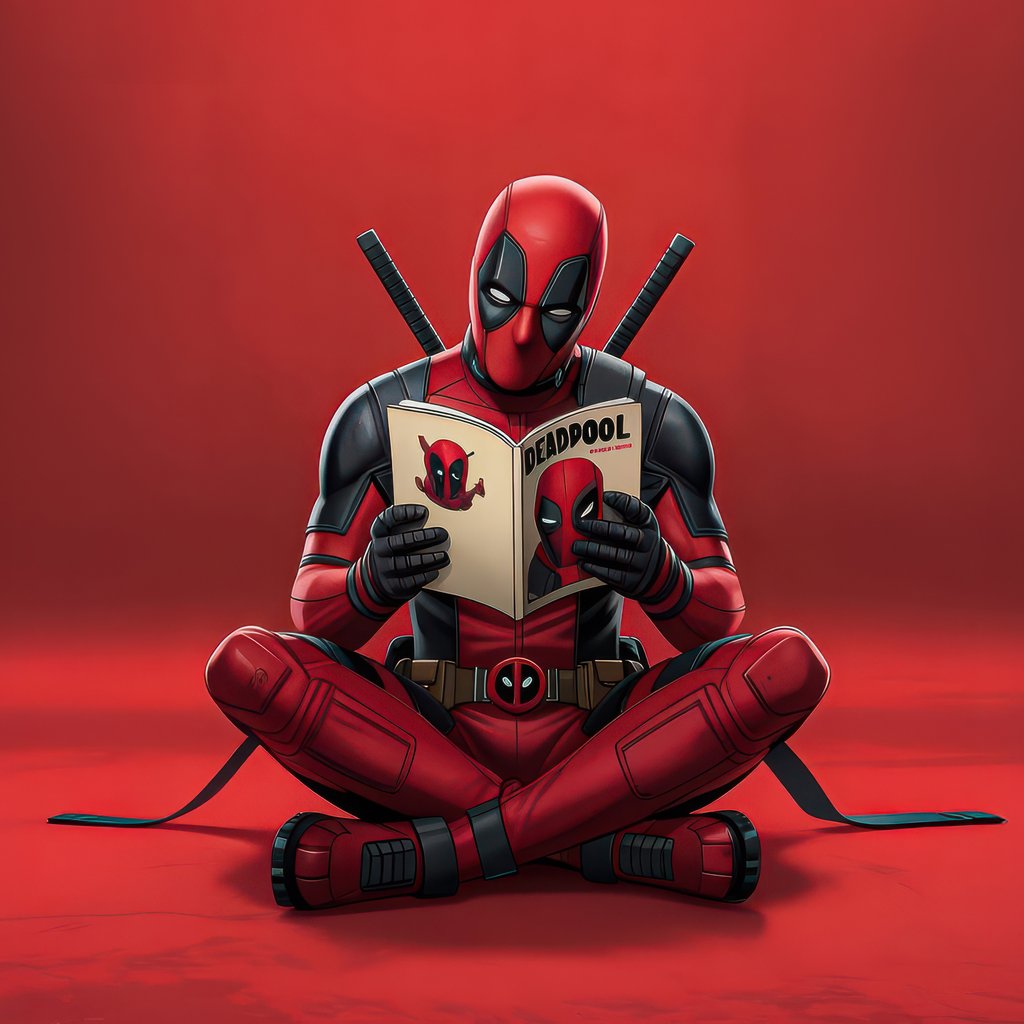 Deadpool reading comic book sitting cross-legged - Wallpapers for Apple iPad 1 in 1024x1024 resolution