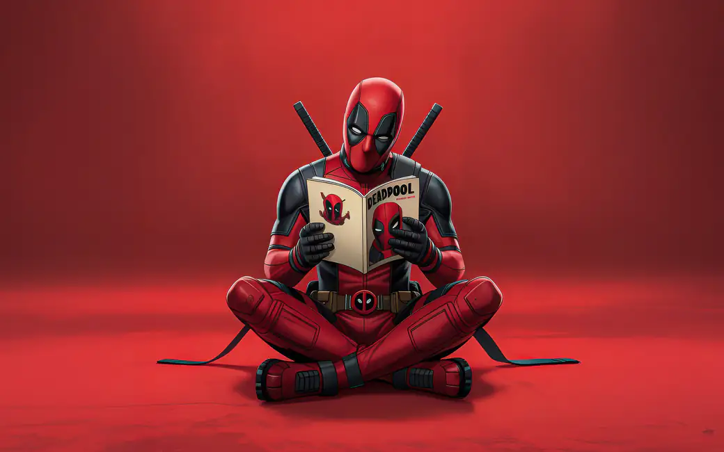 Deadpool reading comic book sitting cross-legged — desktop and phone wallpaper, free download