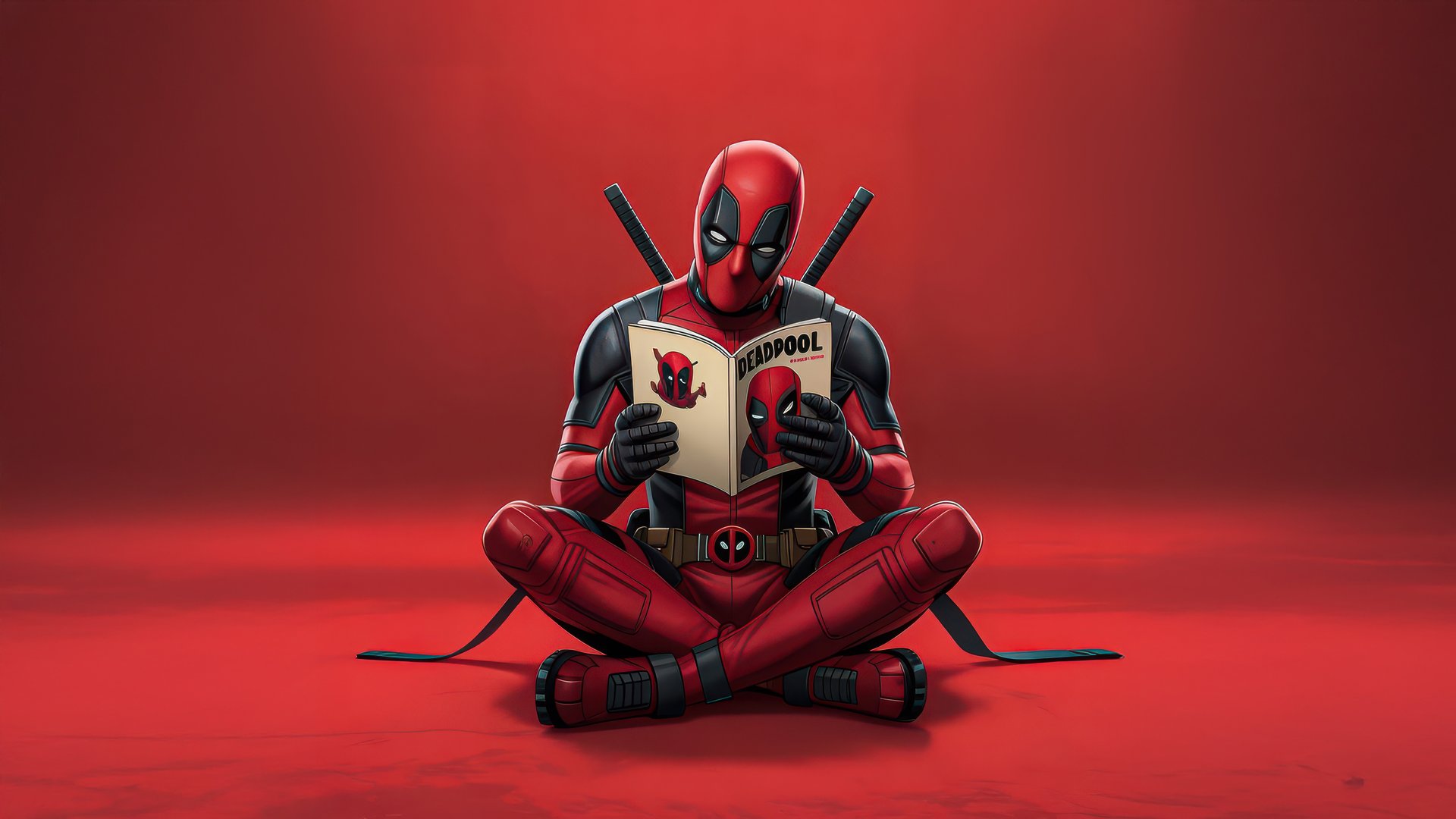 Deadpool reading comic book sitting cross-legged - Full HD wallpapers in 1920x1080 resolution
