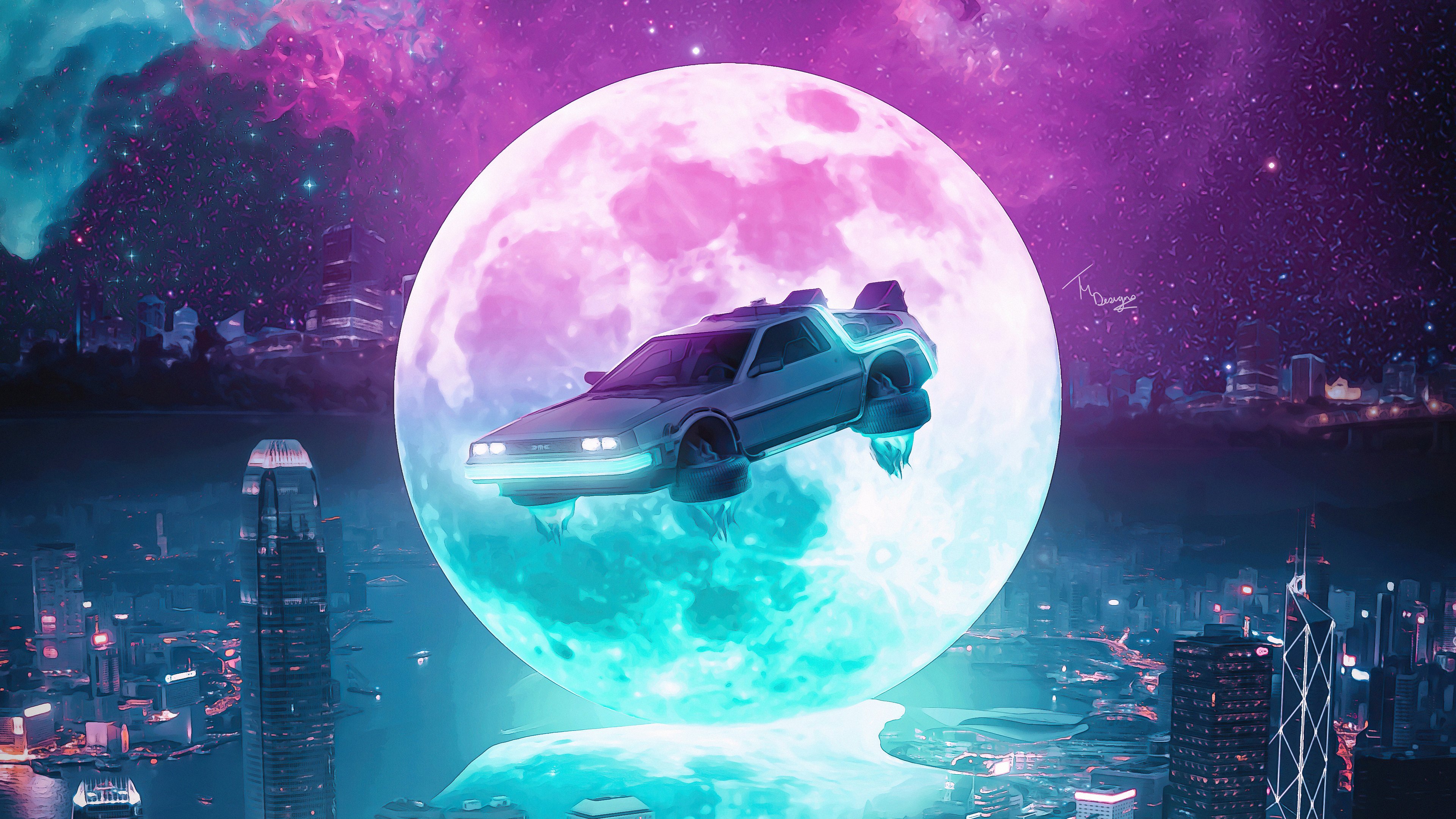 DeLorean DMC-12 Night Cityscape - 4K PC Wallpapers in 3840x2160 resolution