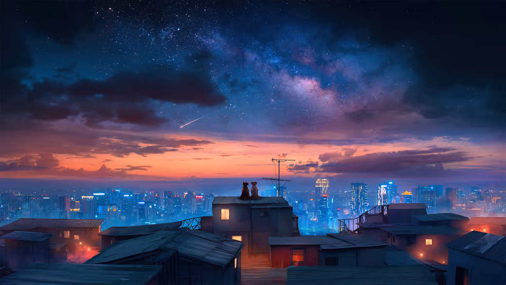 Dogs on the roof under the starry sky — desktop and phone wallpaper, free download
