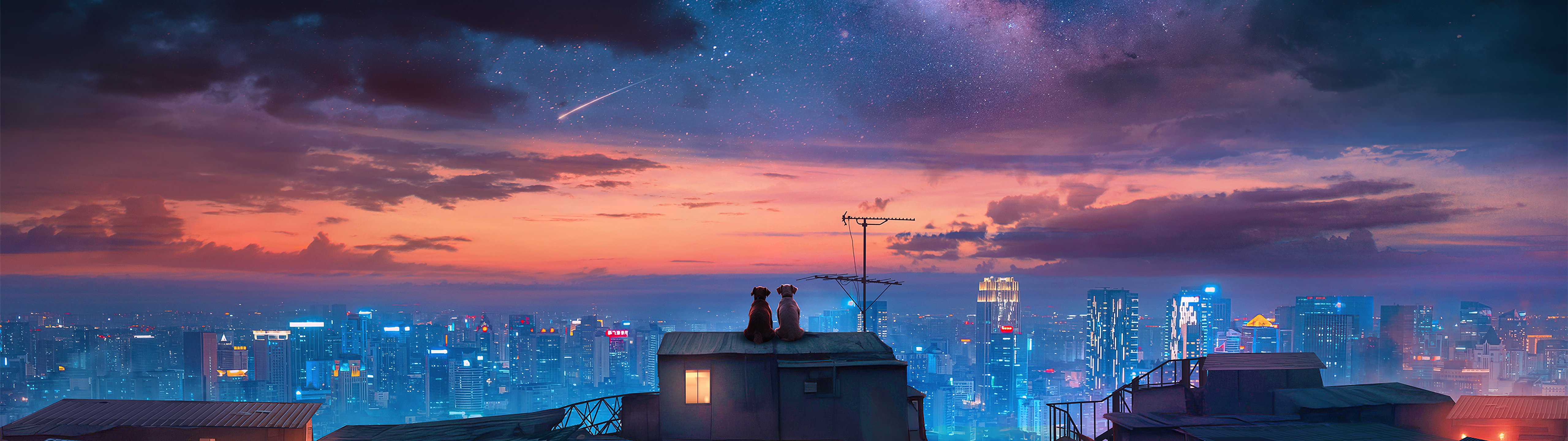 Dogs on the roof under the starry sky - UltraWide 32:9 wallpapers in 5120x1440 resolution