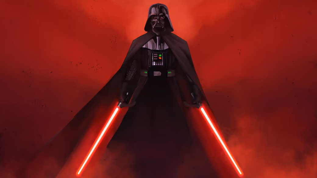 Darth Vader with Dual Red Lightsabers — desktop and phone wallpaper, free download
