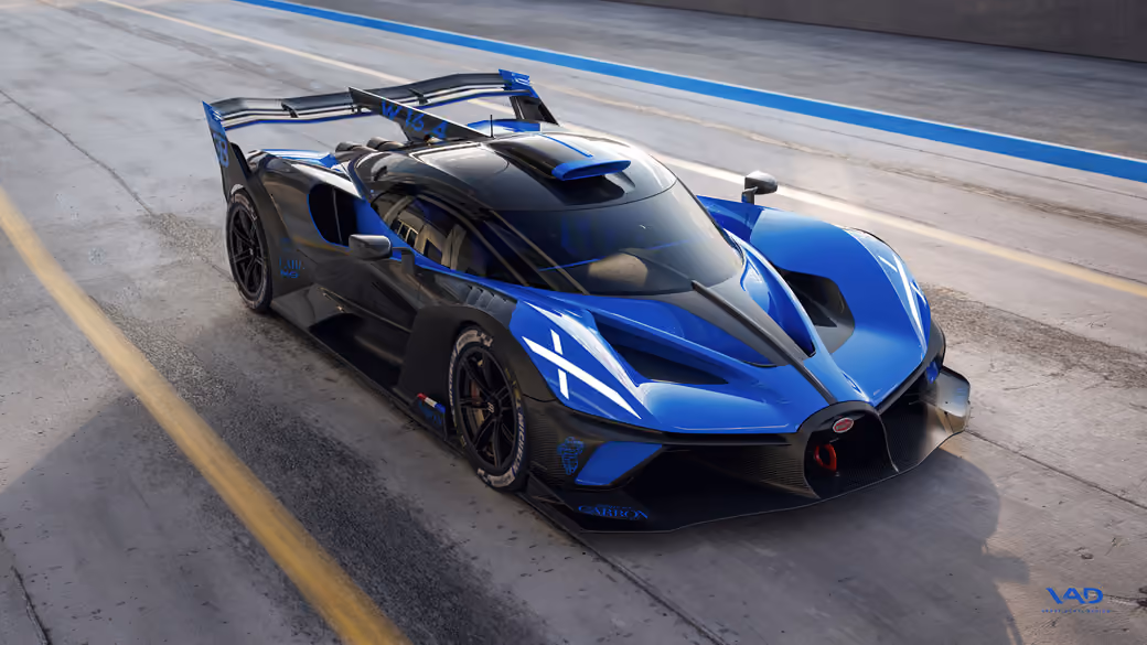 Blue Bugatti Bolide on the race track — desktop and phone wallpaper, free download