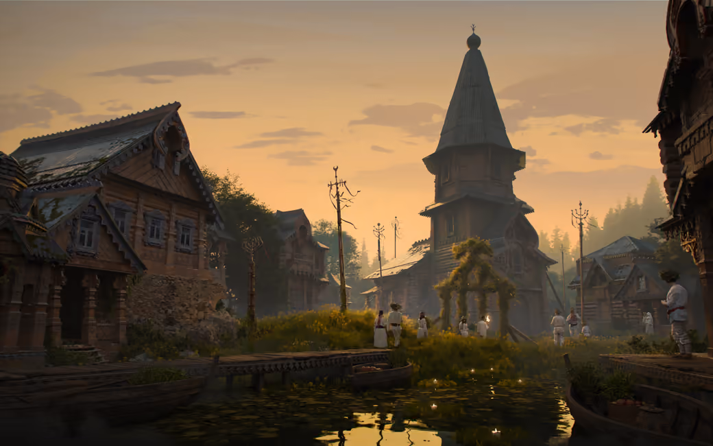 Slavic Village Sunset Landscape — desktop and phone wallpaper, free download