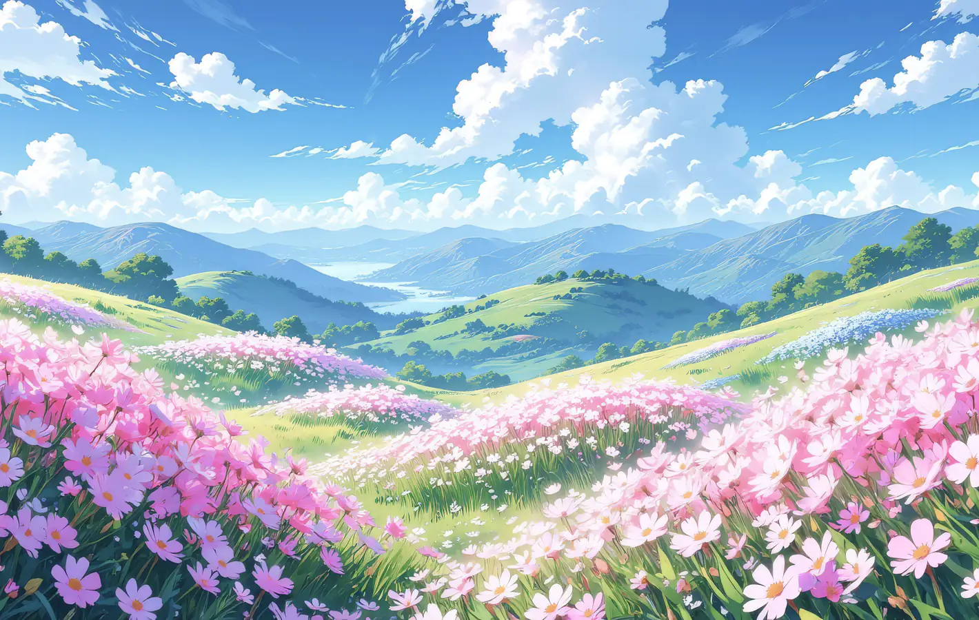 Summer Meadow with Pink Flowers — desktop and phone wallpaper, free download