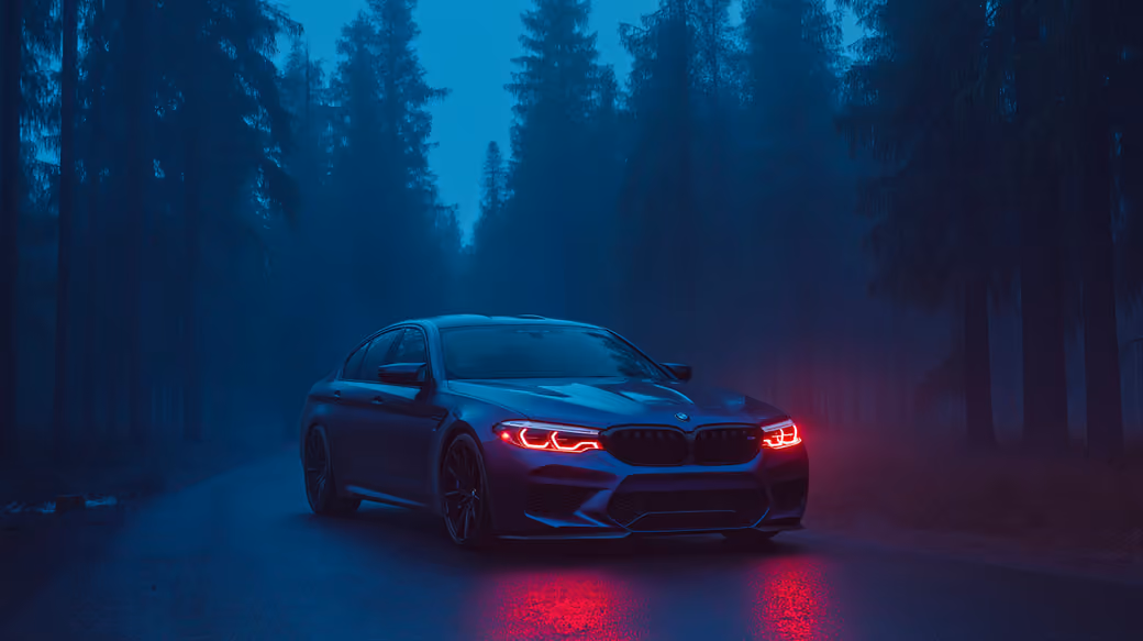 BMW M5 с красными LED фарами ночью — обои на рабочий стол и телефон