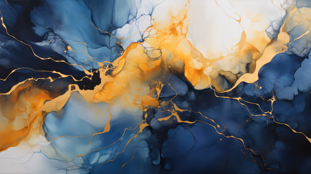 Abstract liquid in gold and indigo — desktop and phone wallpaper, free download