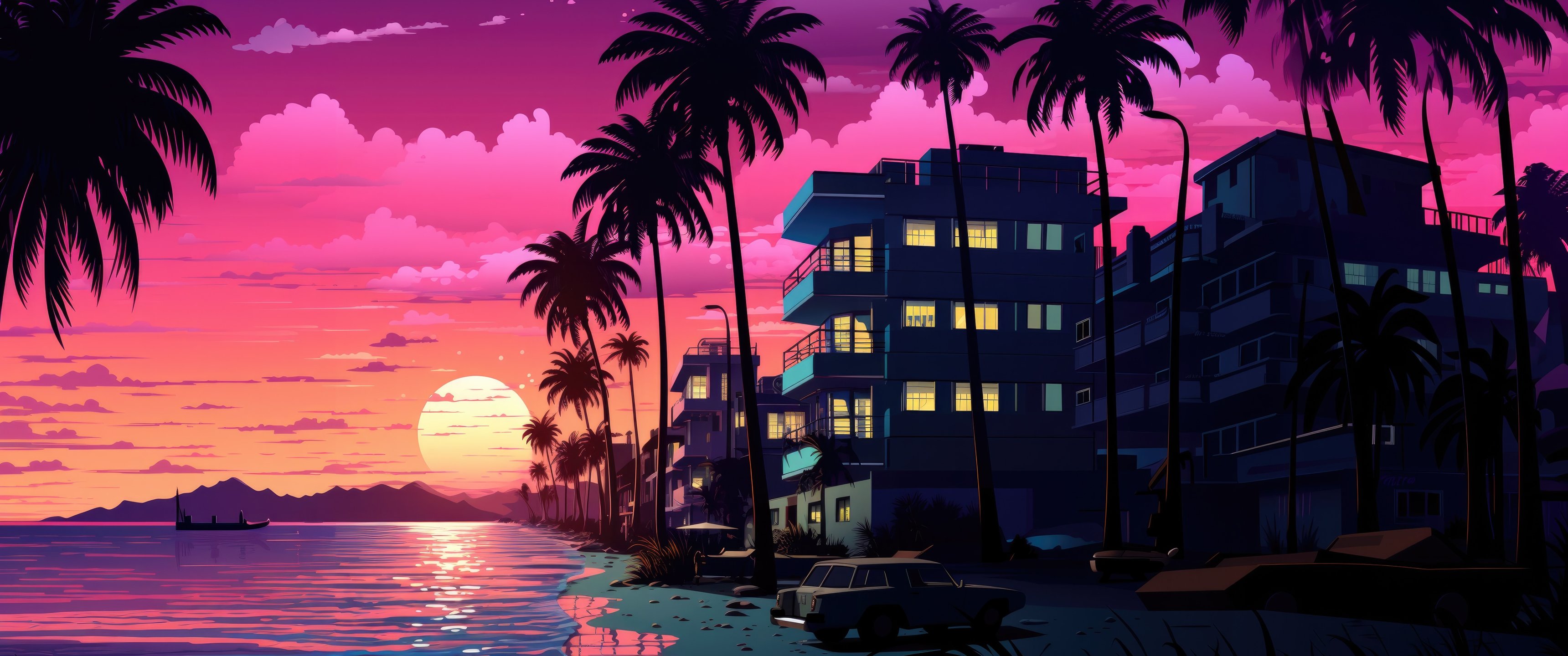 Tropical pink sunset - UltraWide 21:9 wallpapers in 3440x1440 resolution