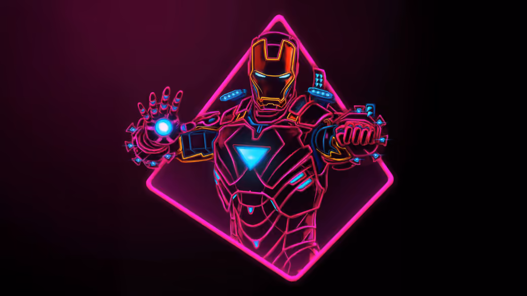 Iron Man Neon Retrowave Poster — desktop and phone wallpaper, free download