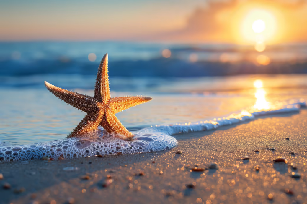Starfish on Beach at Sunset — desktop and phone wallpaper, free download