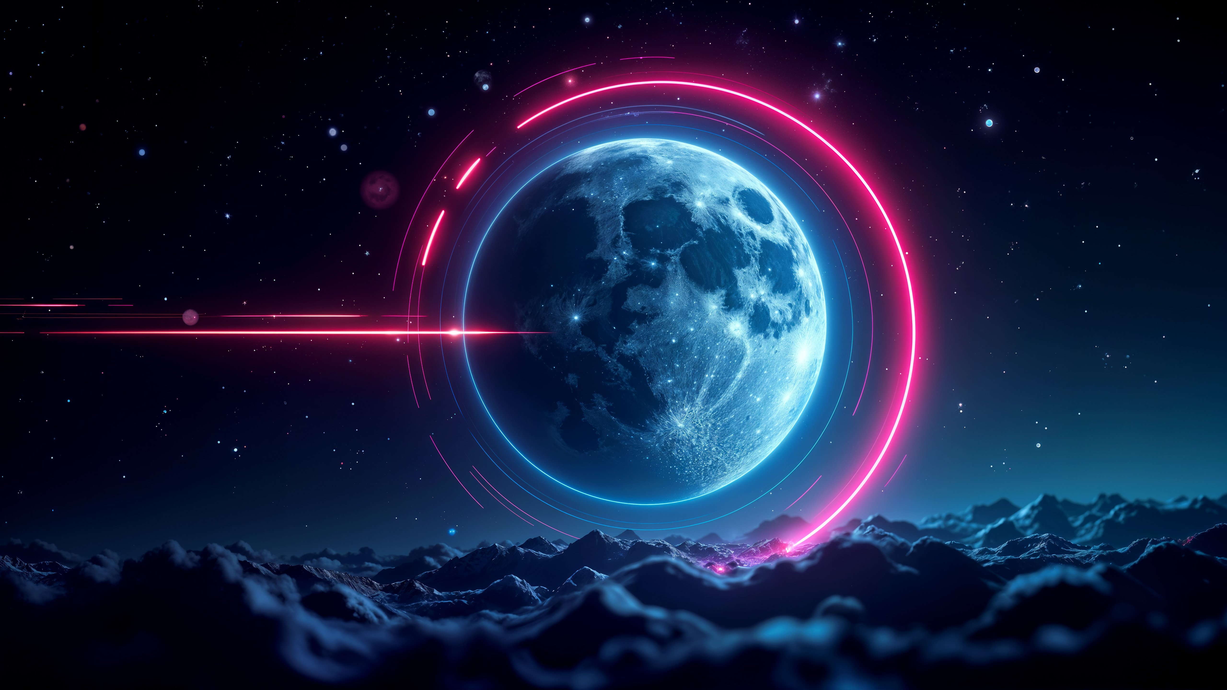 Moon with Neon Rings in Orbit - 5K wallpapers in 5120x2880 resolution