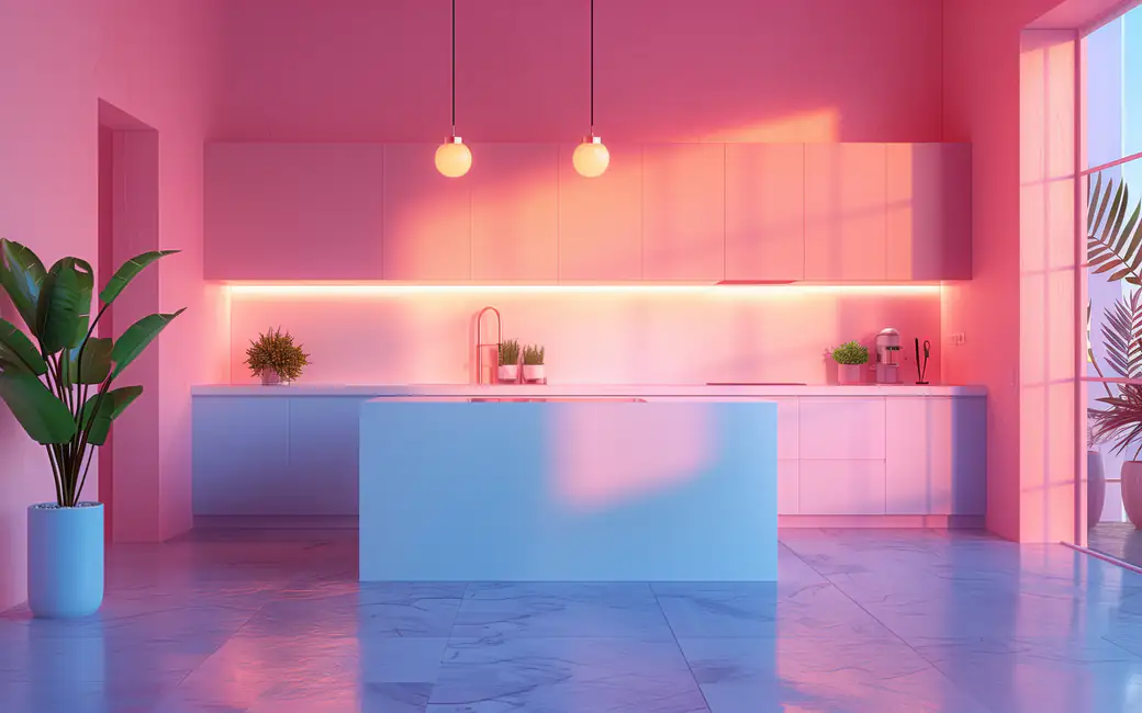 Modern kitchen interior with illuminated cabinets — desktop and phone wallpaper, free download