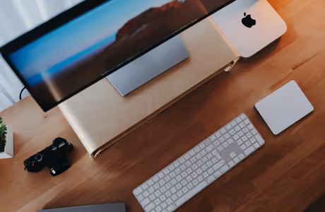 Обои технологии: Apple Mac mini, компьютер, письменный стол, монитор