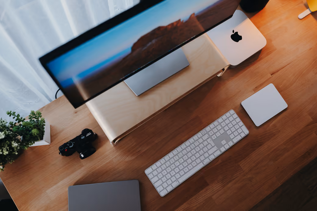 Modern workspace with Apple computer setup - Wallpapers for iPhone Duo in 2670x1878 resolution
