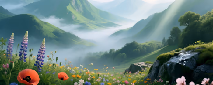 UltraWide 32:9 Poppies wallpapers (5120x1440): mountains, summer, valley, fog
