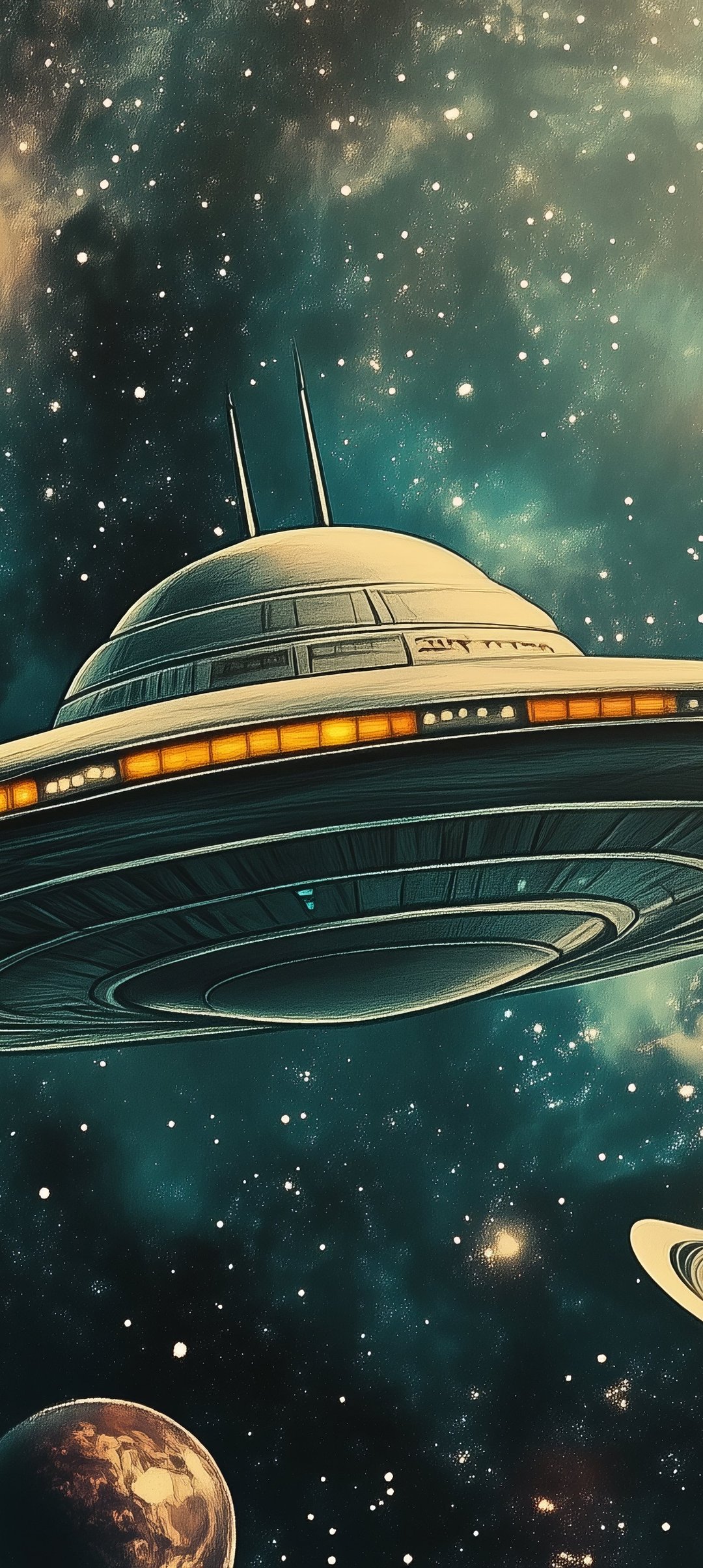 Flying UFO in space - Wallpapers for Samsung Galaxy A13/A14/A53, Realme 12 Pro 5G, POCO M5 in 1080x2408 resolution