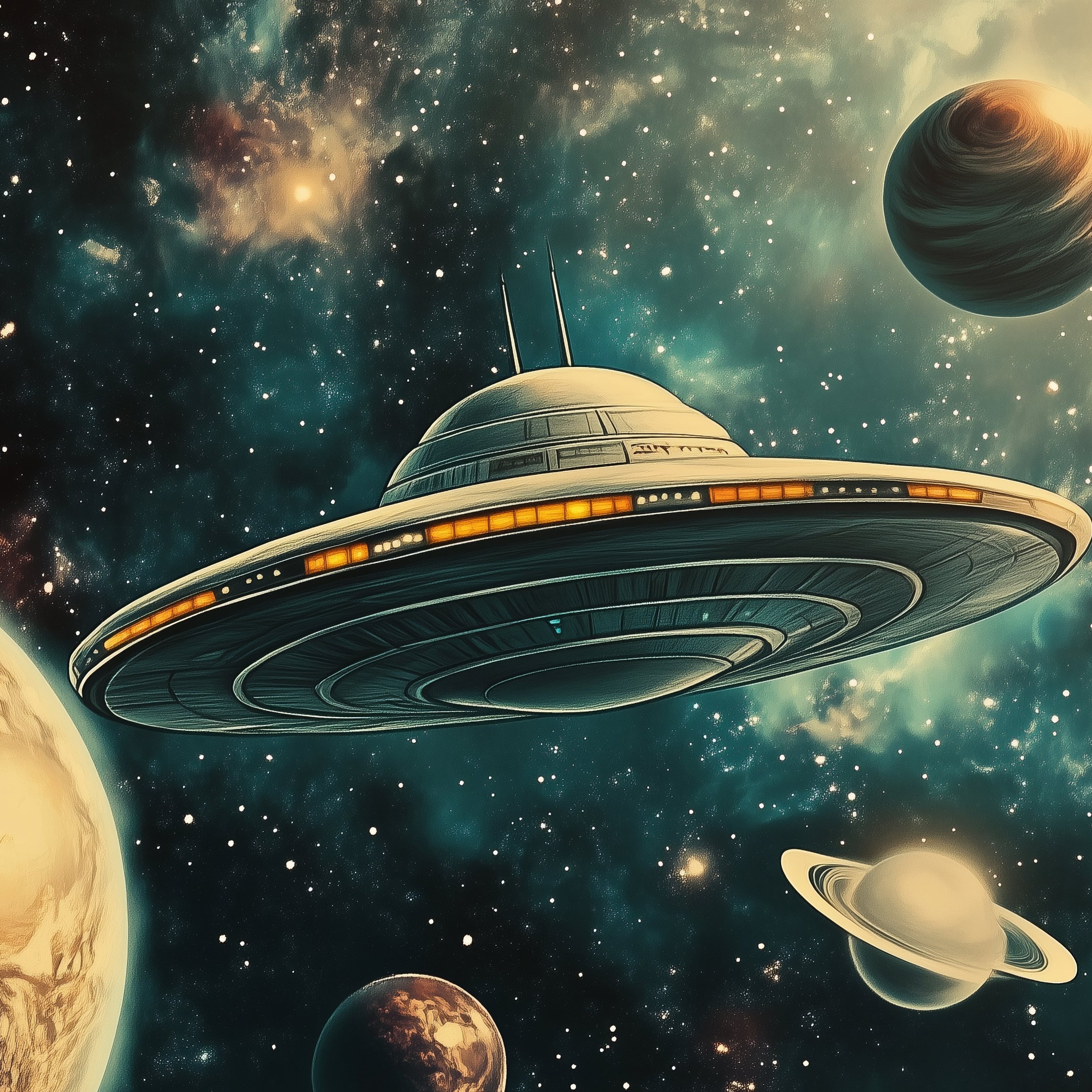 Flying UFO in space - Wallpapers for iPad Pro 13″ in 2752x2752 resolution