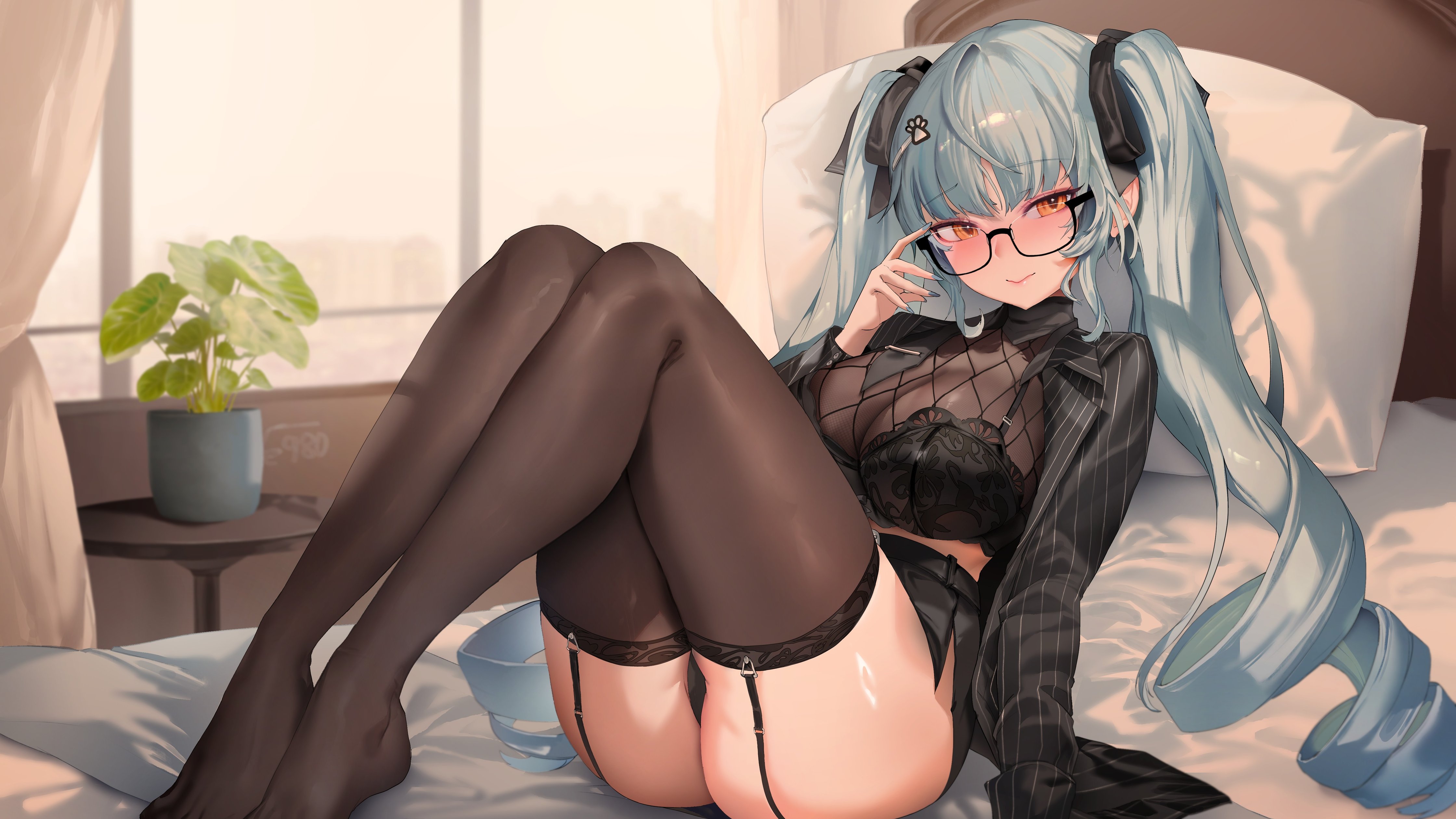 Anime Girl with Glasses on Bed - Wallpapers for Apple iMac 24″ in 4480x2520 resolution