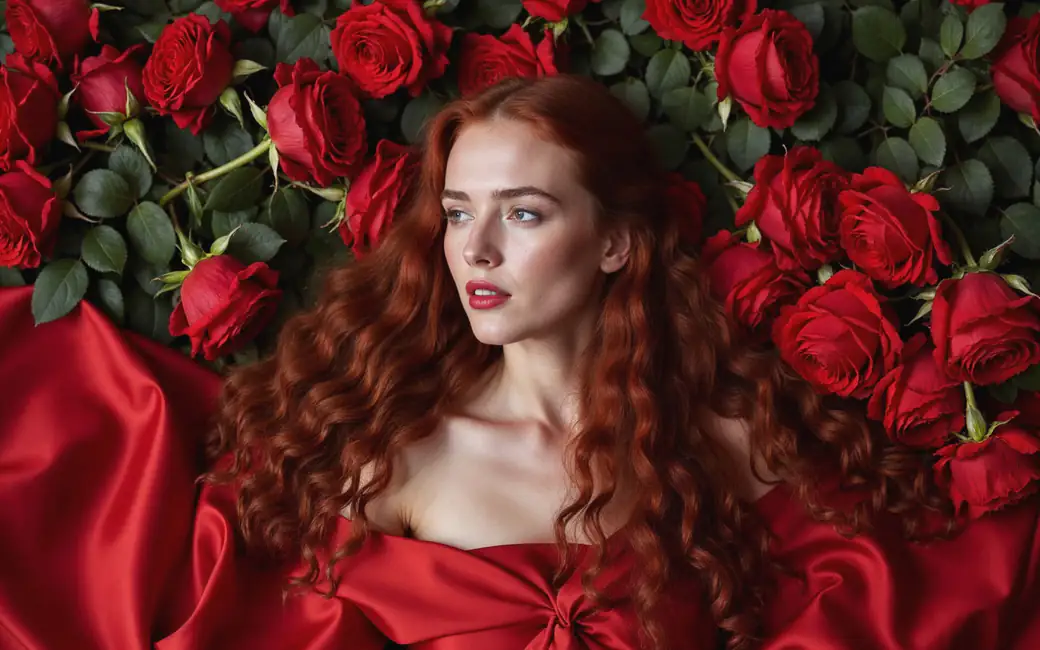 Red-Haired Woman with Roses Bouquet — desktop and phone wallpaper, free download