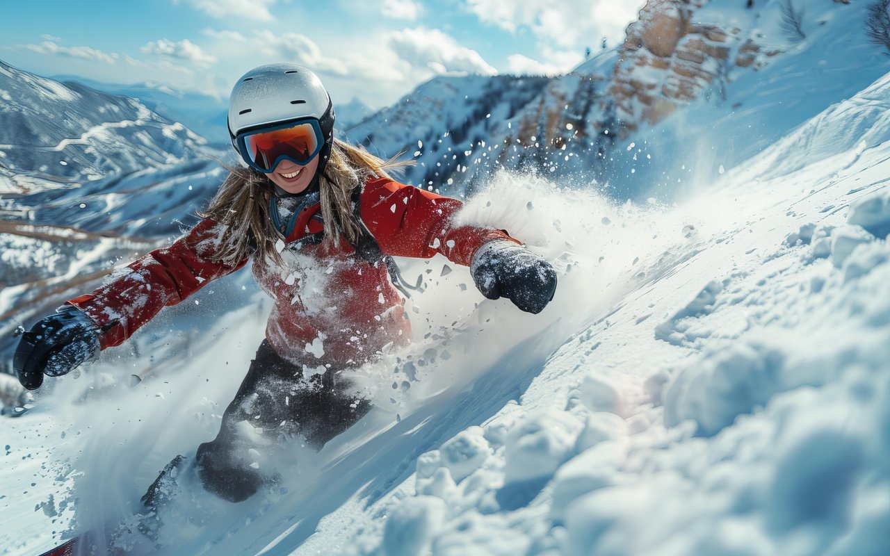 Female snowboarder rides in the mountains - WXGA_1280 wallpapers in 1280x800 resolution