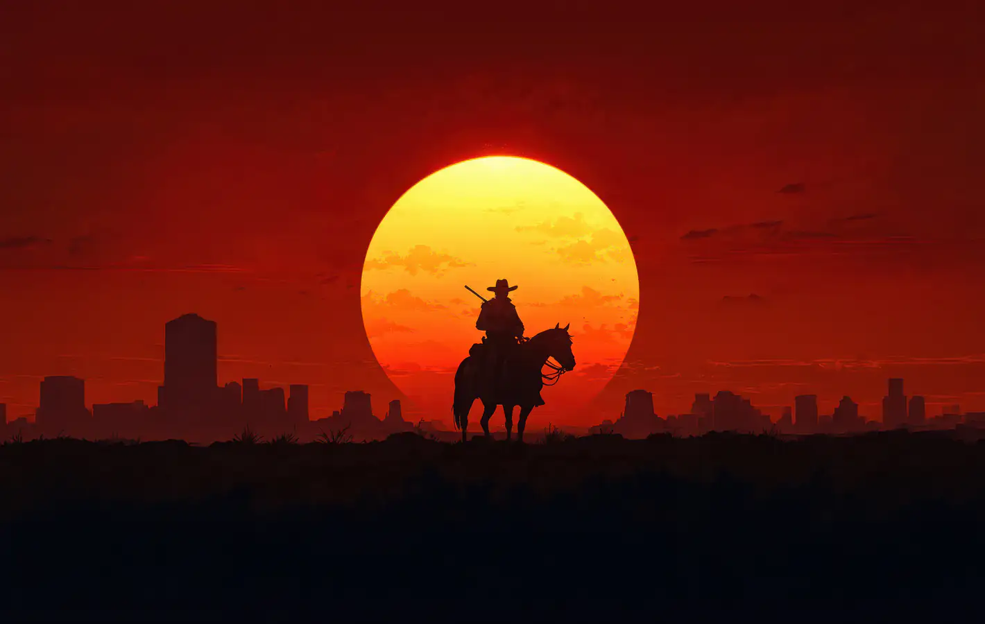 Silhouette of a cowboy at sunset from DRD2 — desktop and phone wallpaper, free download