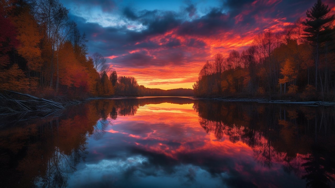 Red Sunset Over River Forest - HDV 720p wallpapers in 1280x720 resolution