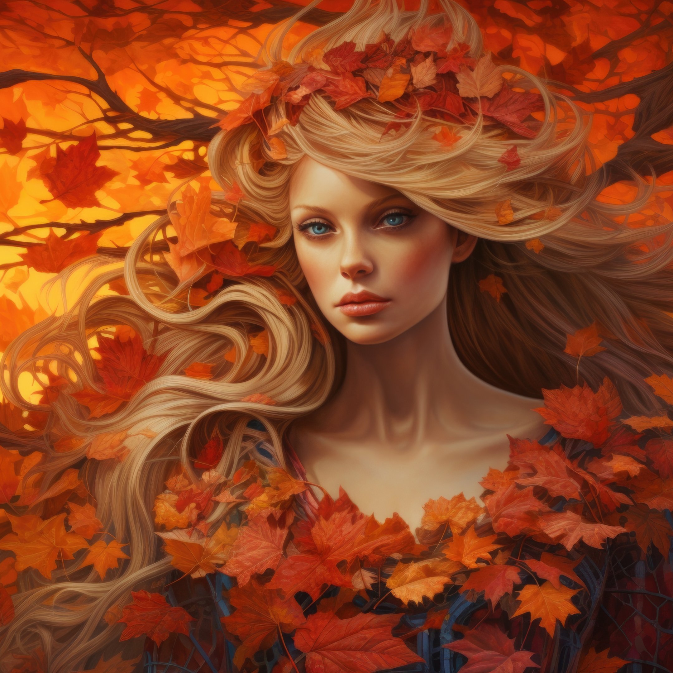 Blonde with blue eyes and orange leaves - Wallpapers for iPad 10.2″ in 2160x2160 resolution