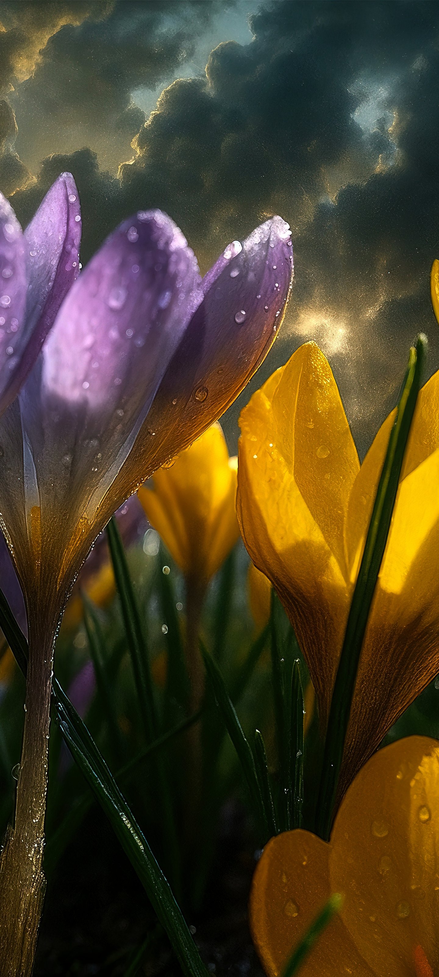 Spring Crocuses with Dew Drops - Wallpapers for Xiaomi 13 Ultra/14 Ultra/15 Ultra/17 Pro Max, Samsung Galaxy S20/S20 Ultra/S21 Ultra in 1440x3200 resolution