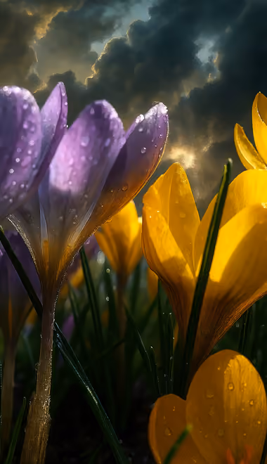 Storm Wallpapers for iPhone X/XS/11 Pro (1125x2436): spring, crocuses, field, storm