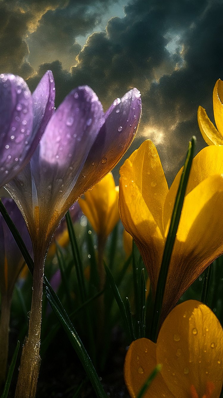Spring Crocuses with Dew Drops - Wallpapers for iPhone 6/6S/7/8/SE2/SE3 in 750x1334 resolution