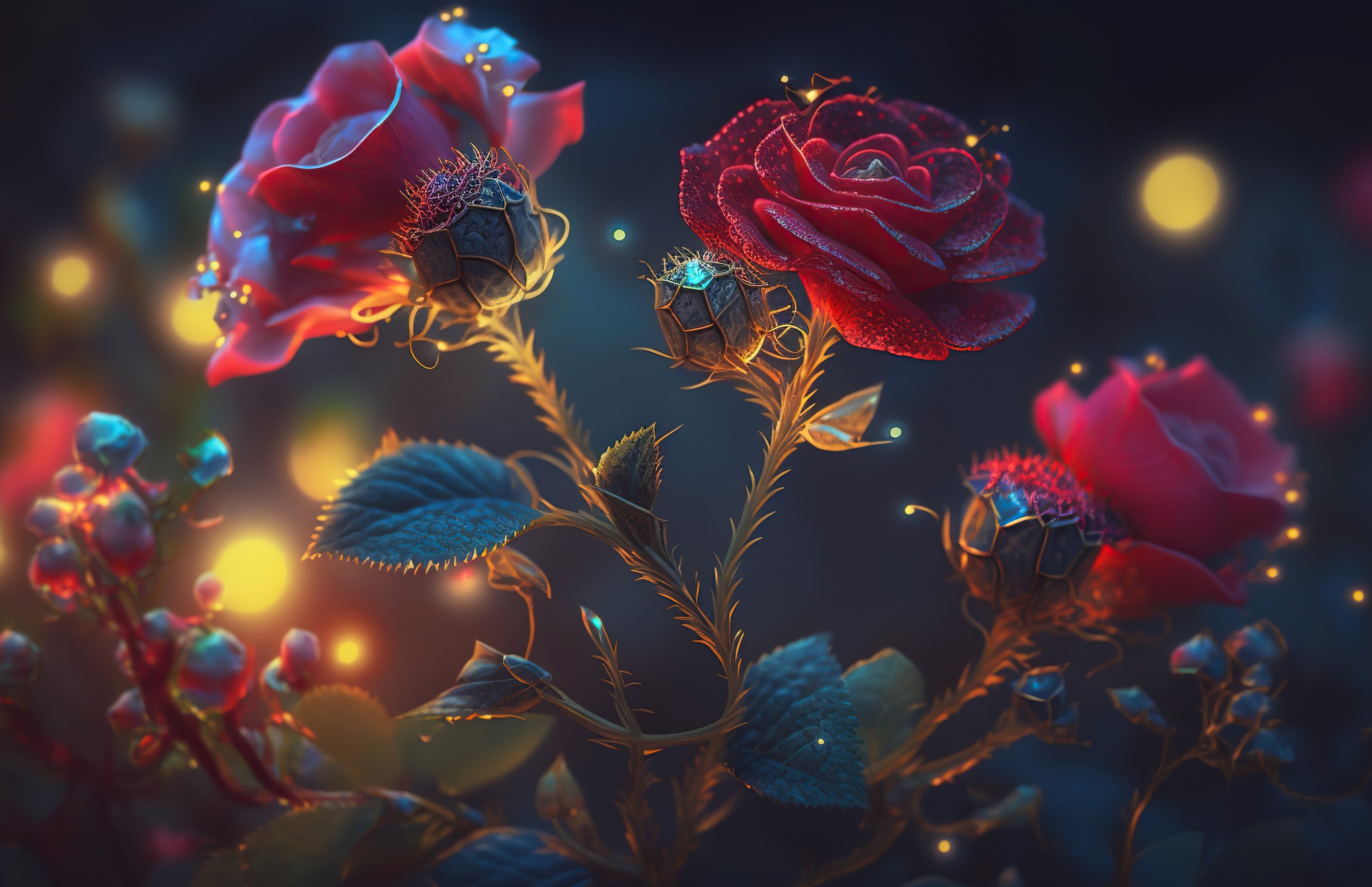 Red roses in the garden at night - Wallpapers for Apple MacBook 16.2″ in 3456x2234 resolution