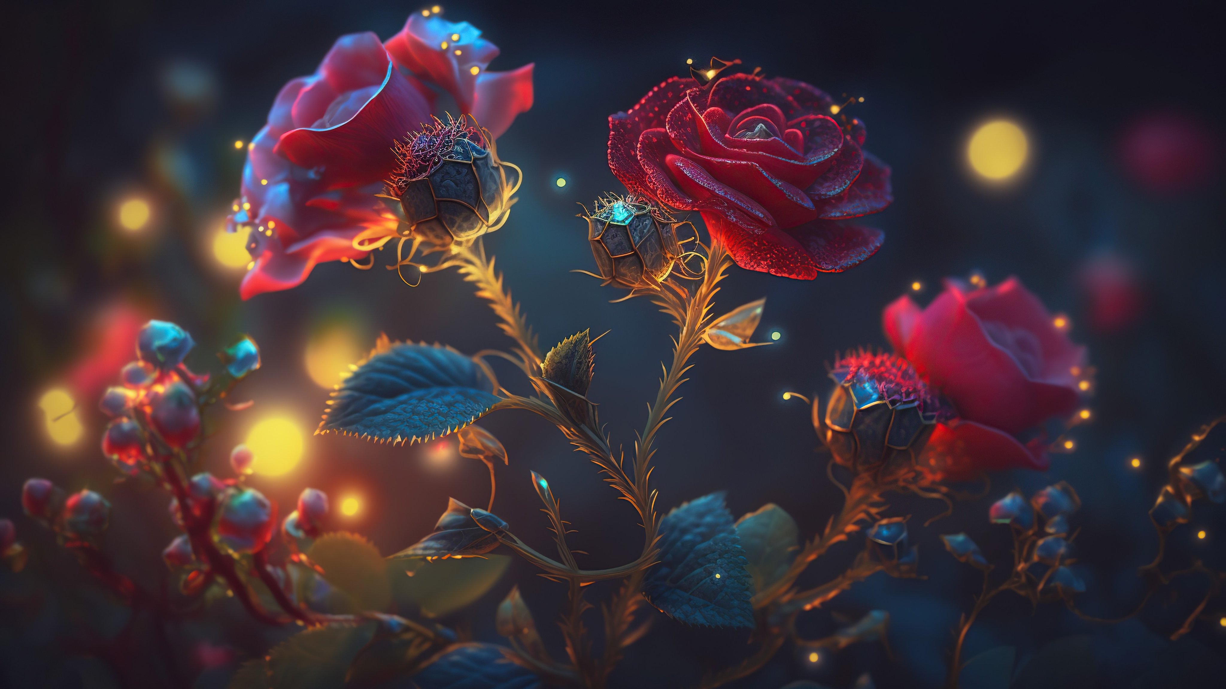Red roses in the garden at night - Wallpapers for Apple iMac 21.5″ in 4096x2304 resolution