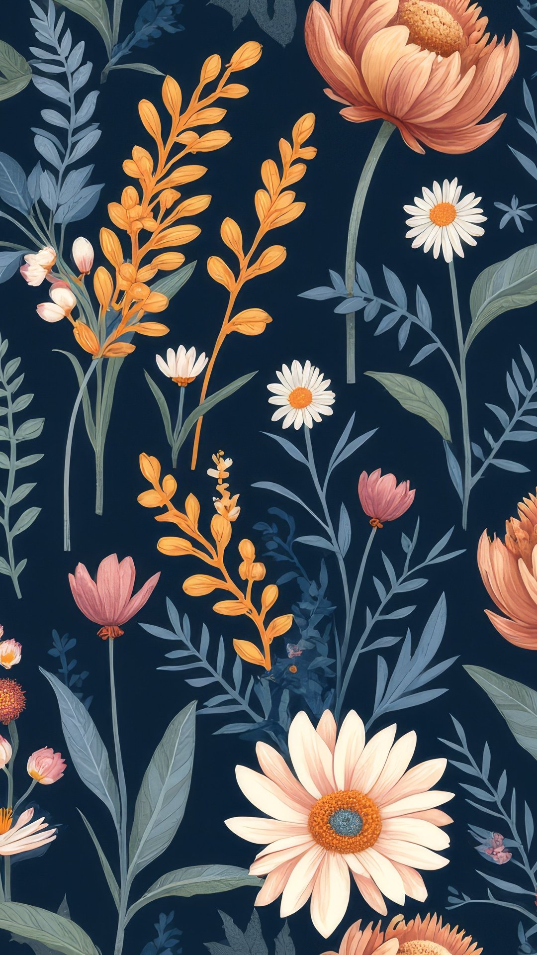Botanical pattern with daisies and flowers - Wallpapers for Samsung, Honor, Sony in 1080x1920 resolution