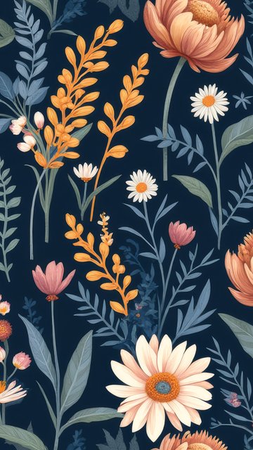 Botanical pattern with daisies and flowers - Wallpapers for Nokia, Samsung in 360x640 resolution