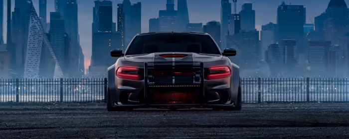 Dual Monitor Wallpapers Aggression (7680x2160): Dodge Charger Hellcat, sports car, sedan, evening