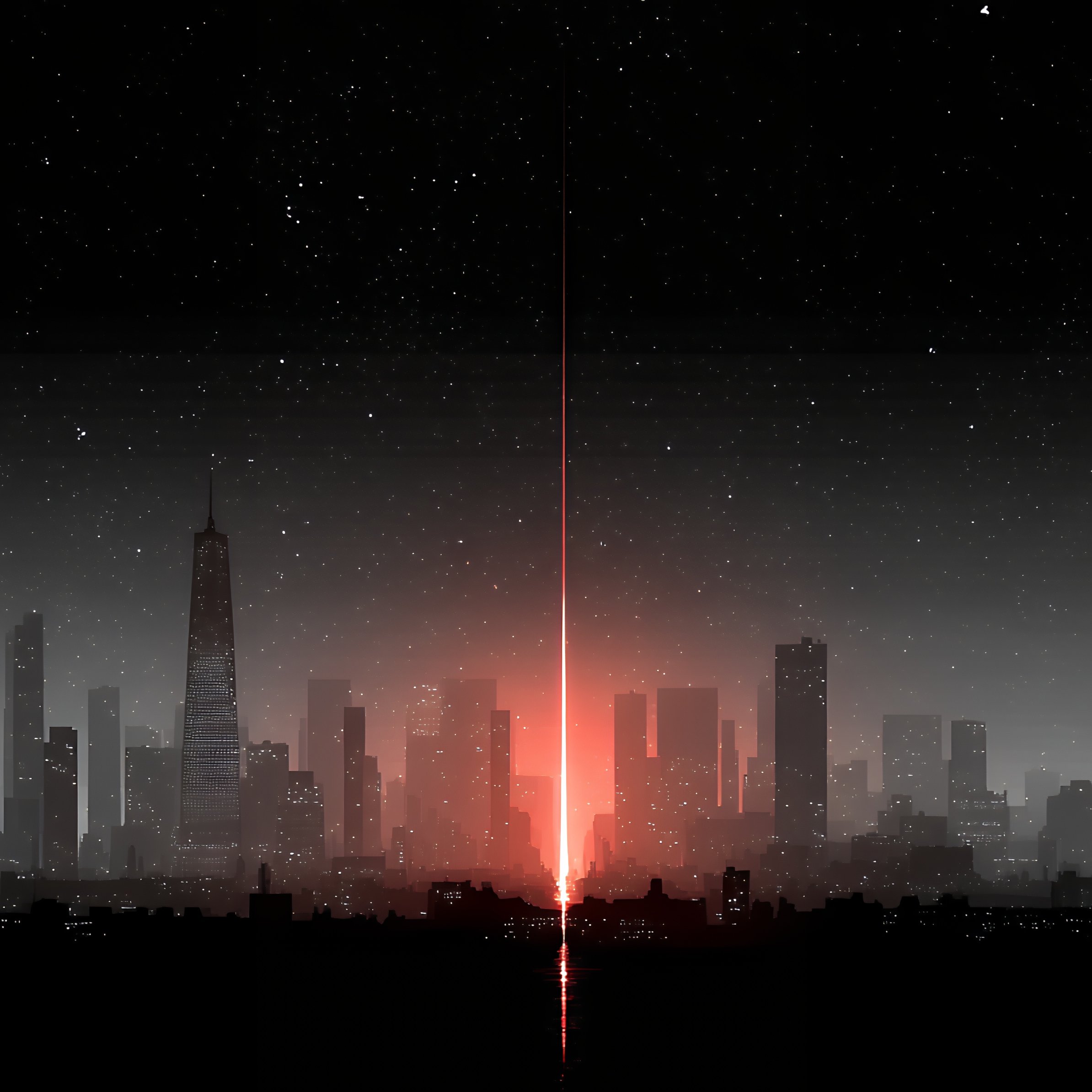 Night city with a red ray on a background of stars - Wallpapers for iPad Pro 11″ in 2388x2388 resolution