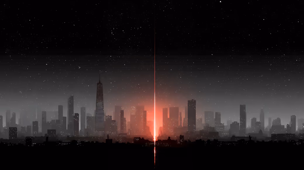 Night city with a red ray on a background of stars — desktop and phone wallpaper, free download