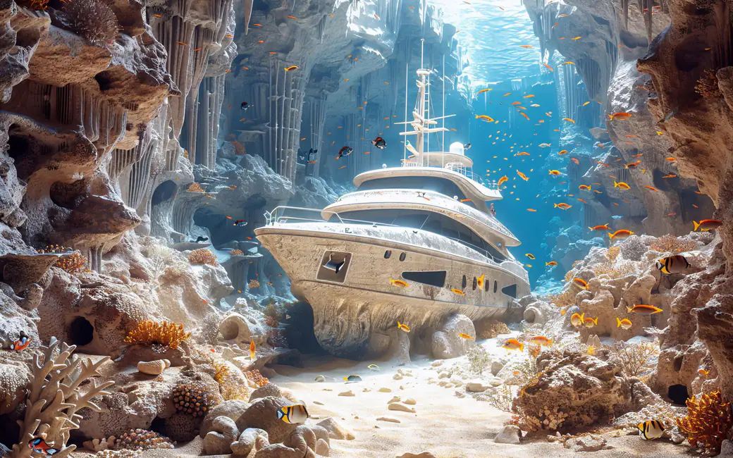 Sunken Yacht Among Coral Reef — desktop and phone wallpaper, free download