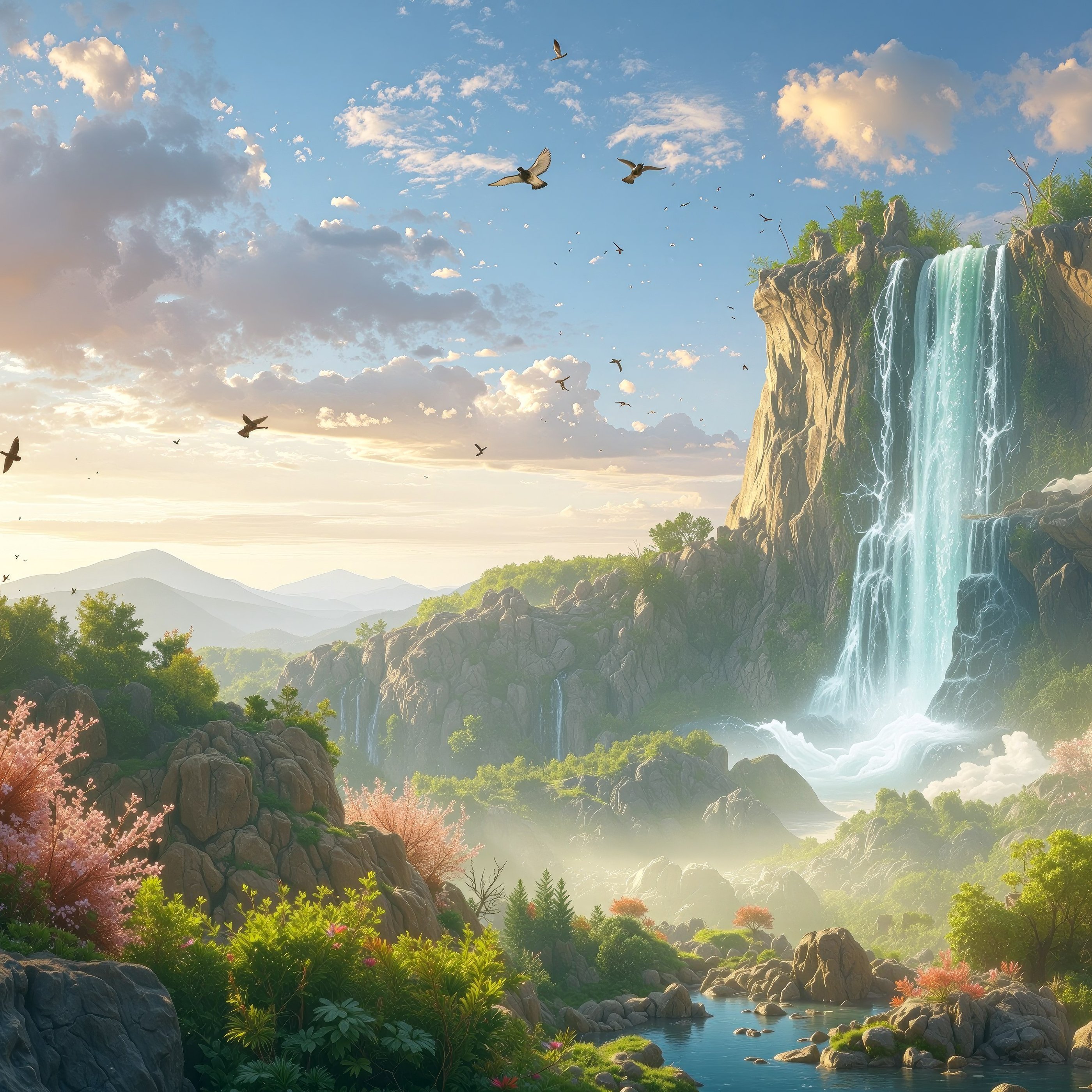 Summer waterfall in a fabulous world - Wallpapers for Samsung Galaxy Tab S9+ in 2800x2800 resolution