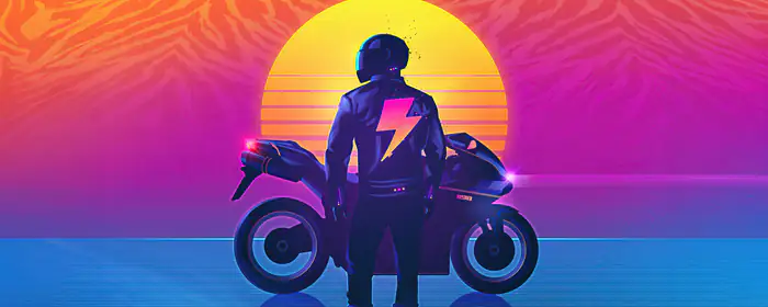 UltraWide 21:9 jacket wallpapers (2560x1080): retrowave, Sun, neon, motorcyclist