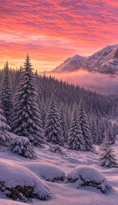 Nature wallpapers: winter, mountains, valley, sunset