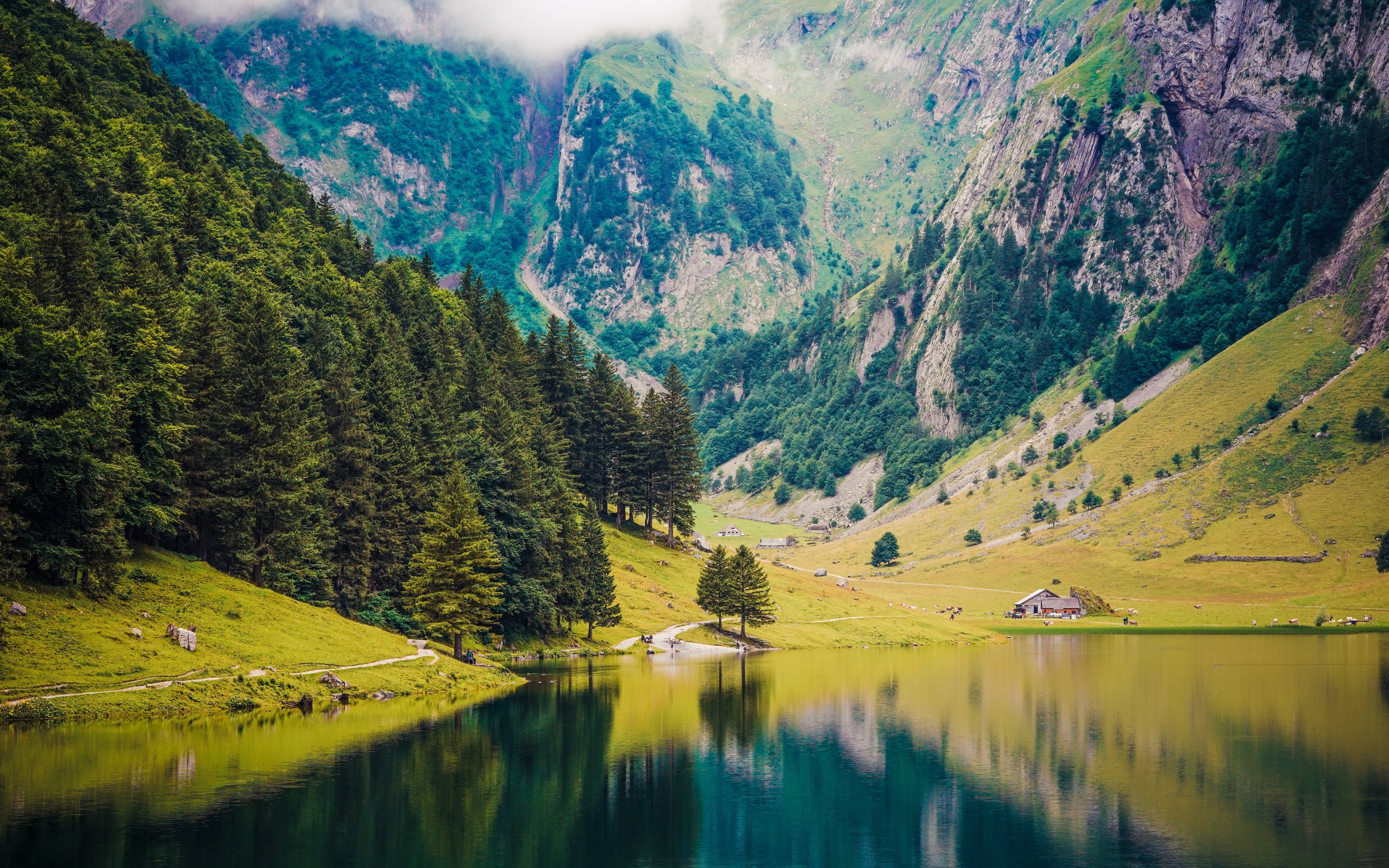 Swiss Alps Summer Lake Cabin - Wallpapers for Apple MacBook 15″ in 2880x1800 resolution