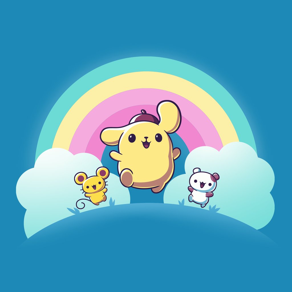 Pompompurin с друзьями под радугой - Обои для Apple iPad 1 в разрешении 1024x1024