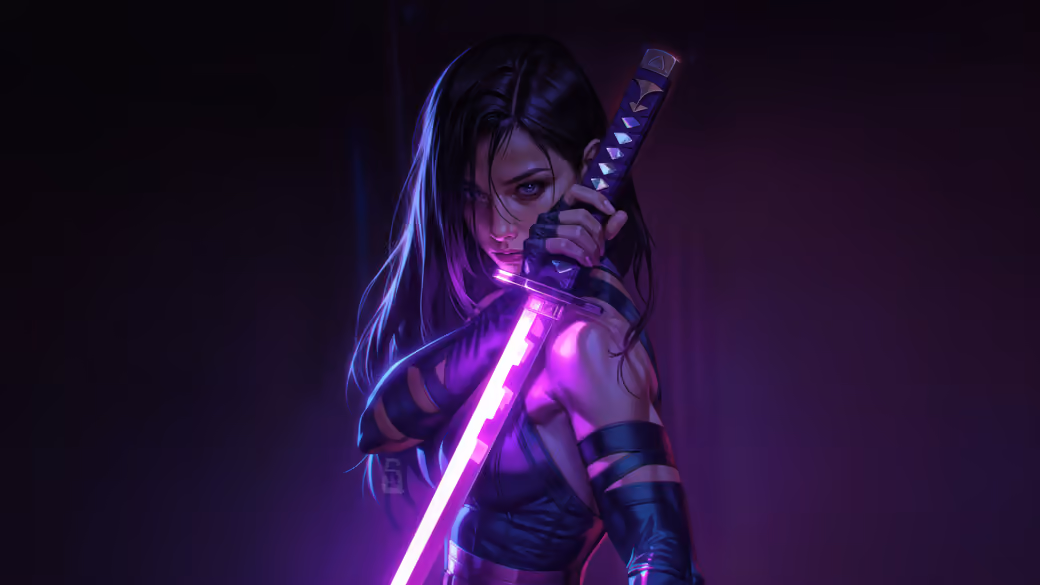 Psylocke Neon Warrior Portrait — desktop and phone wallpaper, free download