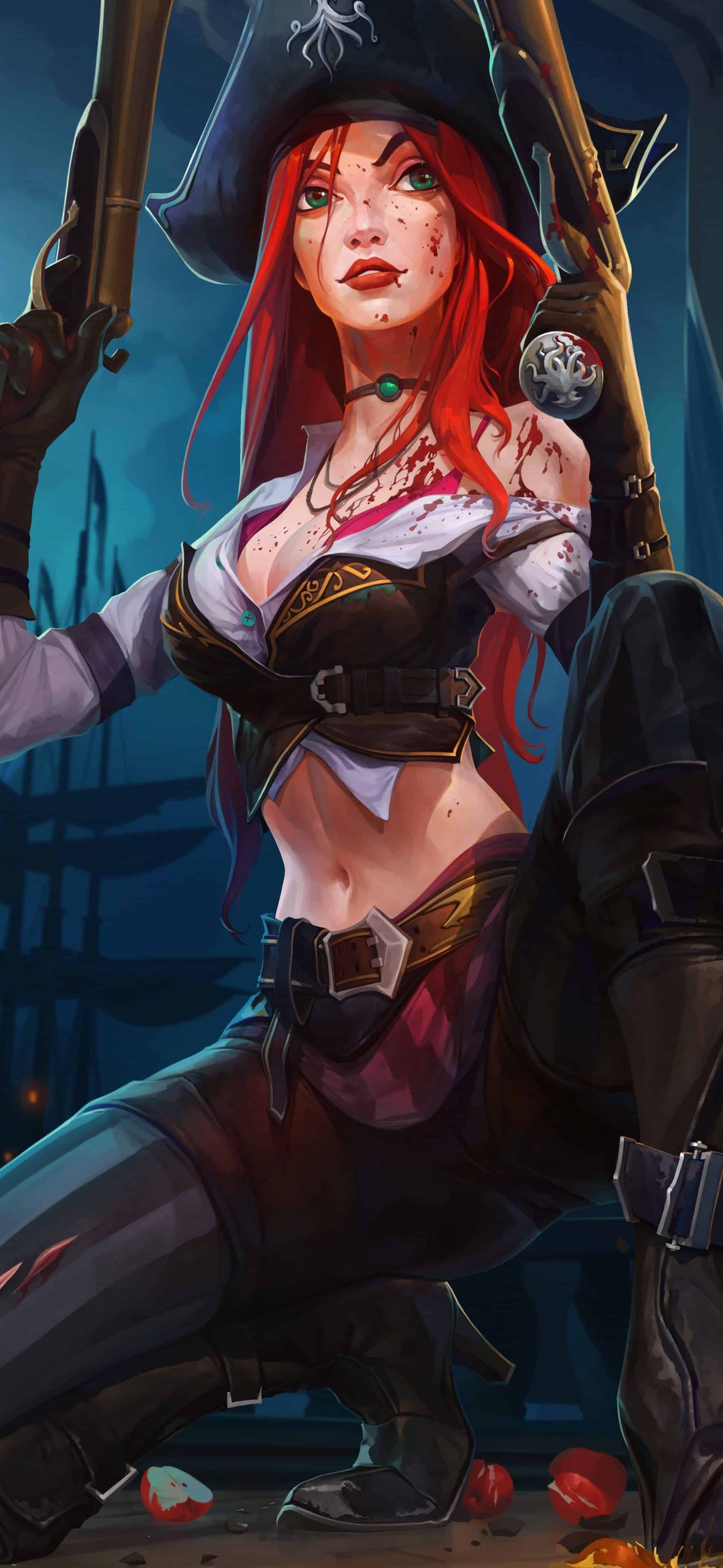 Miss Fortune Pirate Night Scene - Wallpapers for iPhone 12 mini/13 mini, Samsung Galaxy S24/S24 FE/S25/S25 FE/S26/A55/A56/A35/A26/A16/M15, Xiaomi, Sony Xperia in 1080x2340 resolution