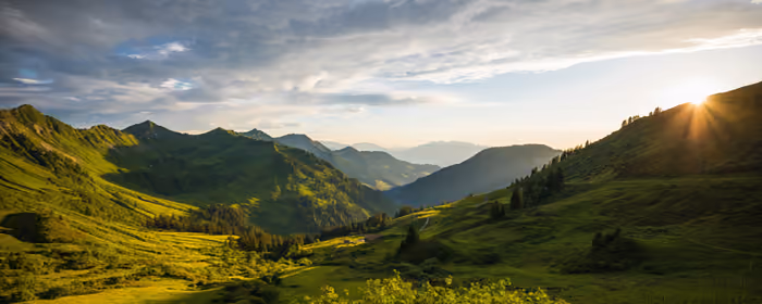 UltraWide 21:9 обои (3440x1440): горы, лето, долина, закат