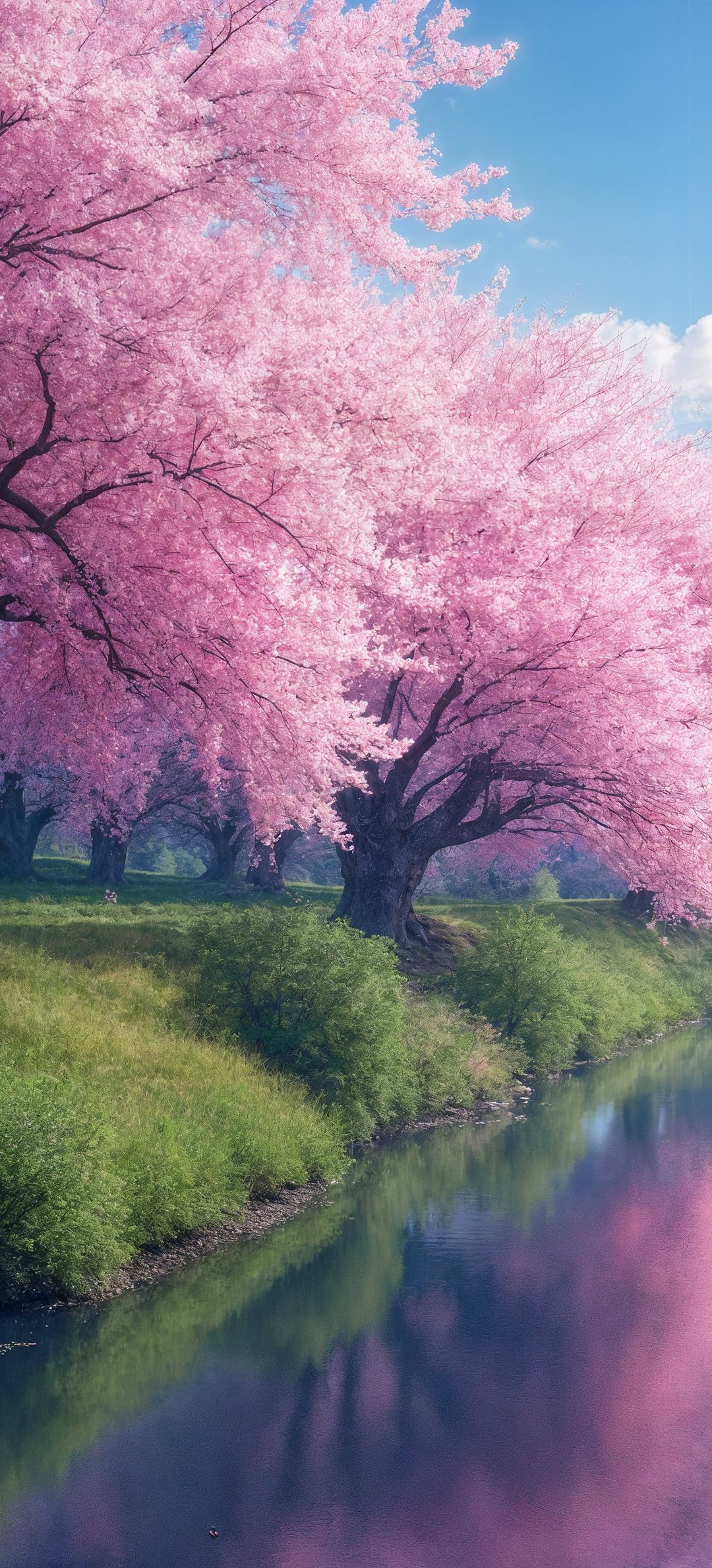 Blue river and pink sakura in spring - Wallpapers for Honor/Huawei in 1080x2376 resolution