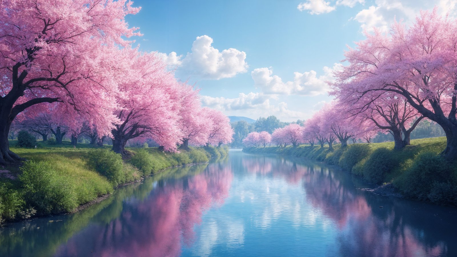 Blue river and pink sakura in spring - wXGA++ wallpapers in 1600x900 resolution